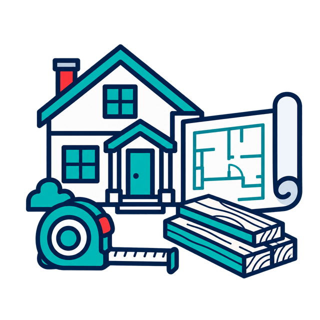 House with blueprint, tape measure, and wooden boards for home renovation planning
