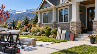 Front yard landscaping tools beside a stone house with mountains in the background