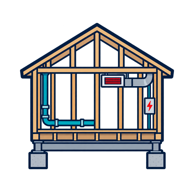 Cutaway of a house wall with visible blue plumbing and electrical wiring inside the frame