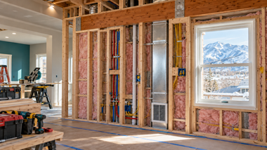 Unfinished room with exposed framing, pink insulation, and a window showing snowy mountains.