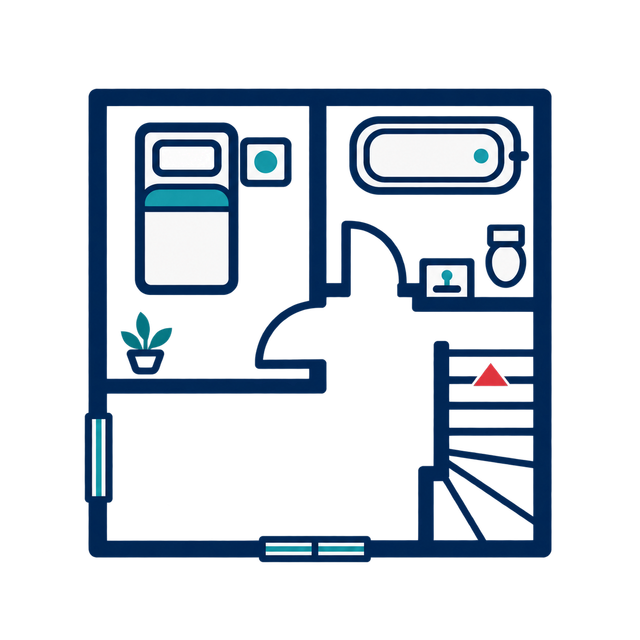Top-down floor plan of a small bathroom and bedroom with navy blue fixtures and walls.
