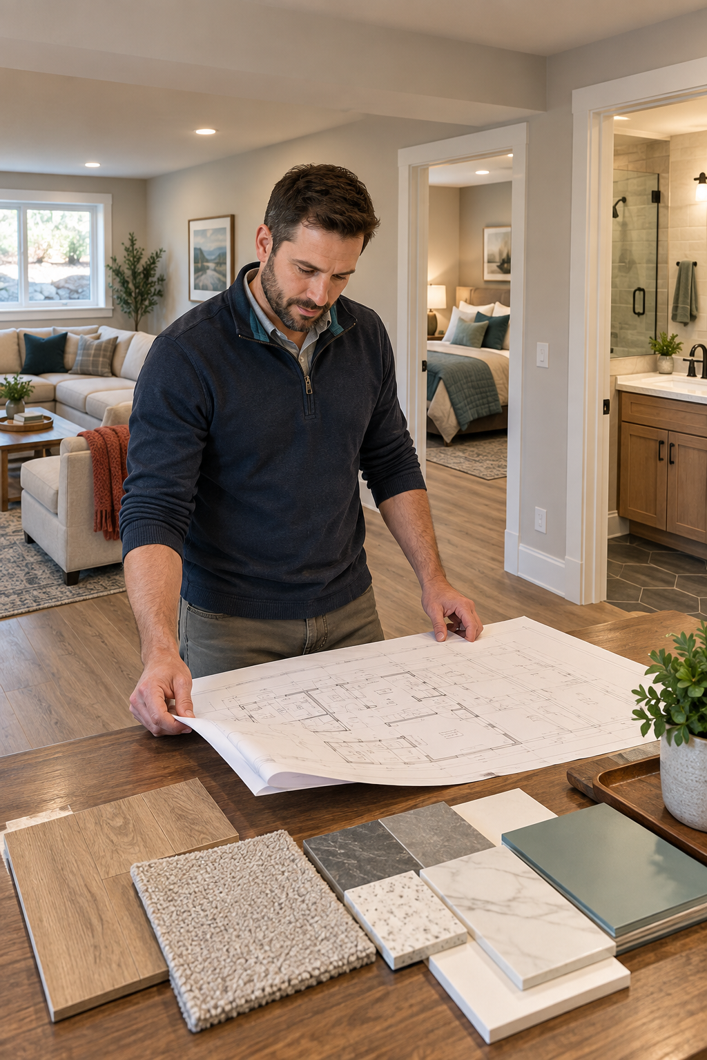 Man reviewing a floor plan over material samples in a bright living room