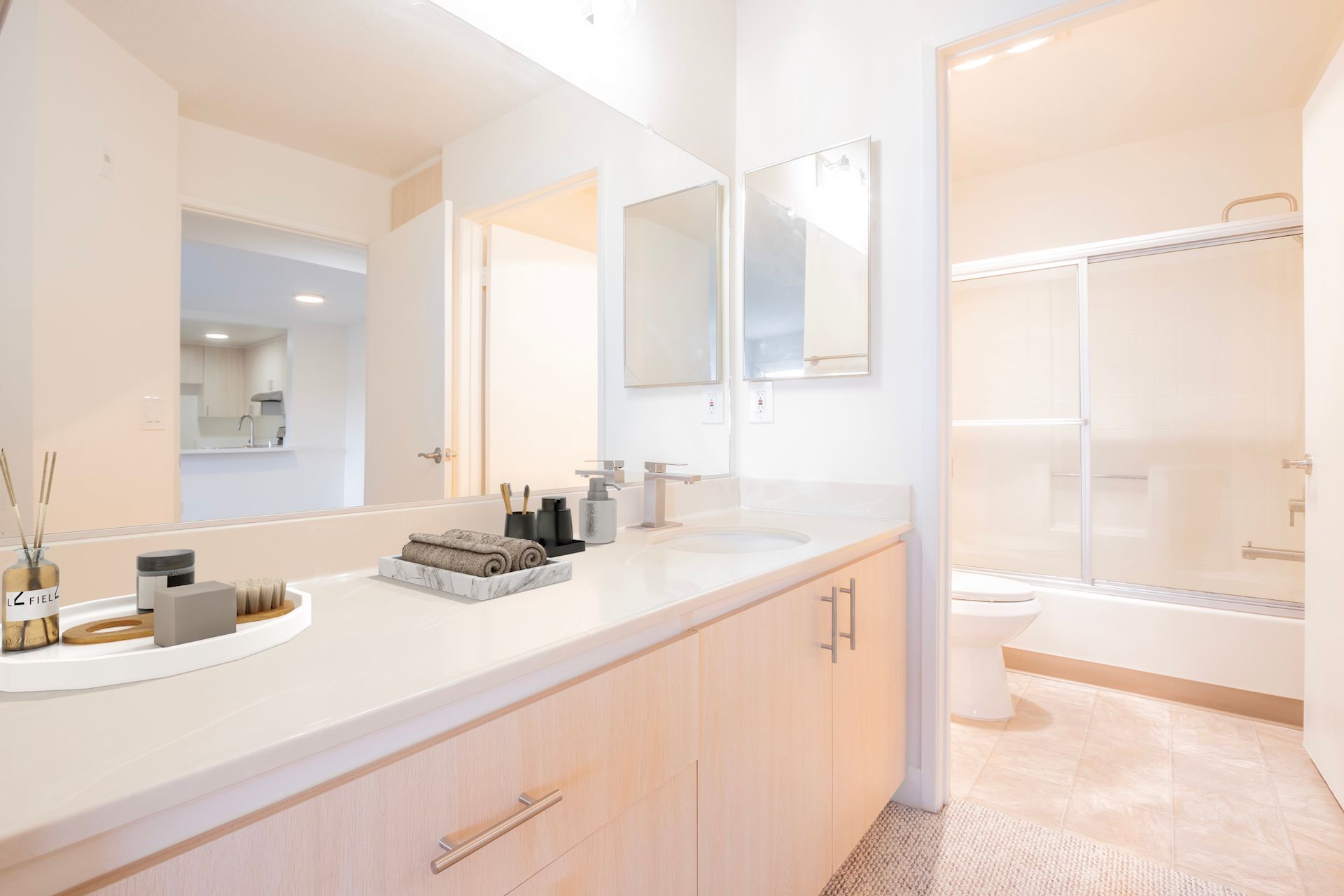 Bathroom with a light-colored vanity, two mirrors, a shower, and a toilet.