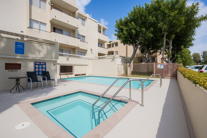 Outdoor pool and hot tub at a beige apartment complex, with chairs and signage.