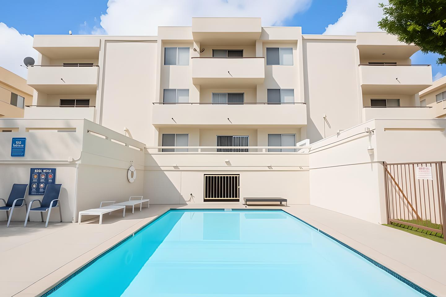 Apartment building with a turquoise pool in the foreground; blue sky above.