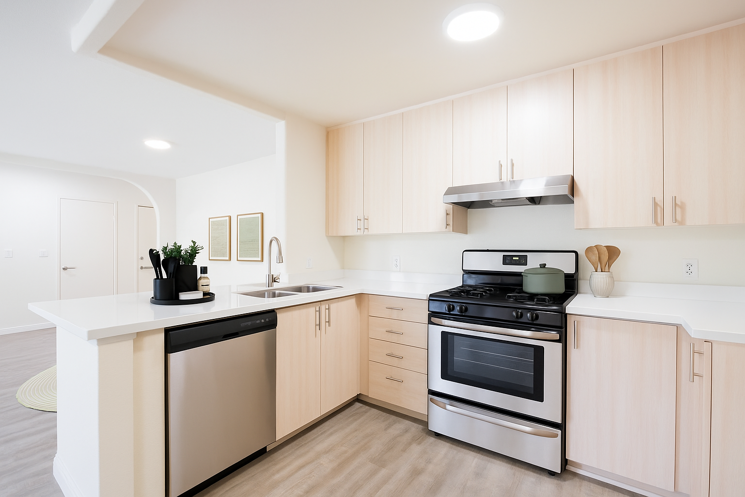 L-shaped kitchen with light wood cabinets, stainless steel appliances, and a white countertop.