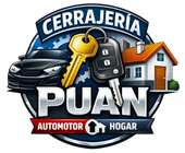 Logo de cerrajería PUAÑ con llaves, auto negro, casa y textos automotor y hogar en azul y rojo