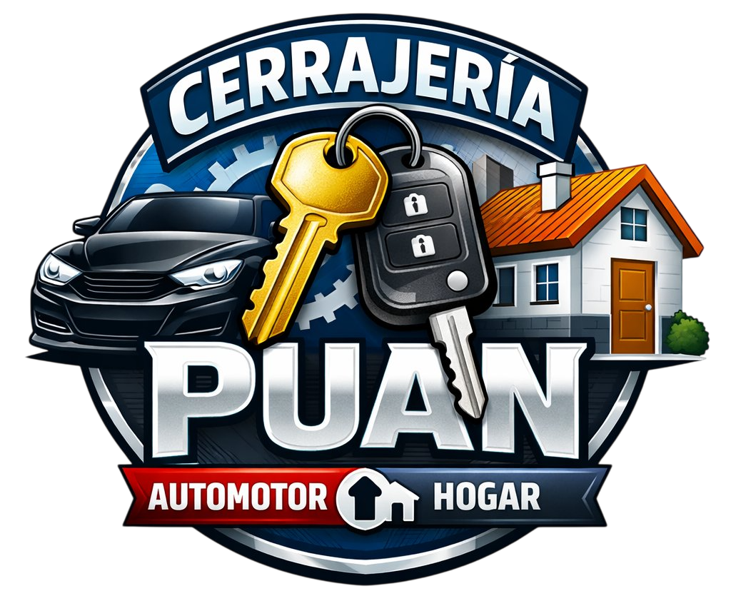 Logo de cerrajería PUAÑ con llaves, auto negro, casa y textos automotor y hogar en azul y rojo