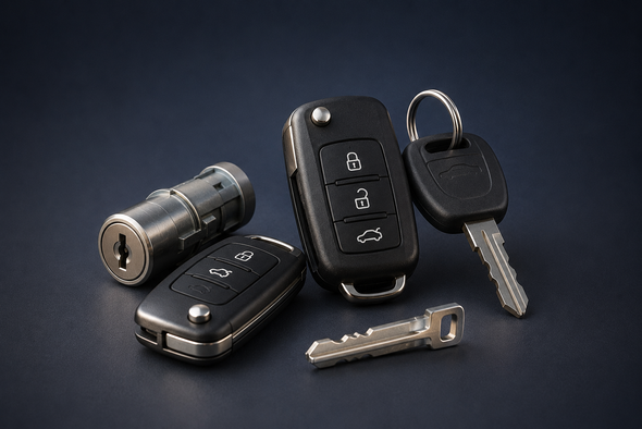 Llaveros de coche y dos llaves metálicas sobre un fondo oscuro