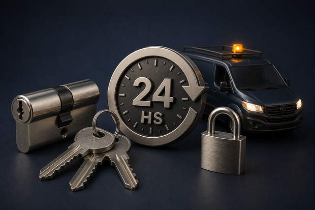 Concepto de seguridad las 24 horas con llaves, candado y una furgoneta de vigilancia con luz intermitente.