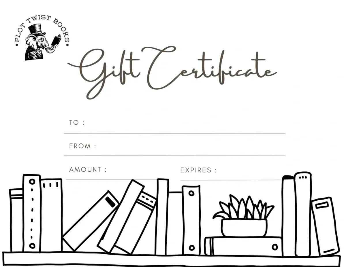 Minimal black-and-white gift certificate with blank fields and bookshelf illustration at the bottom