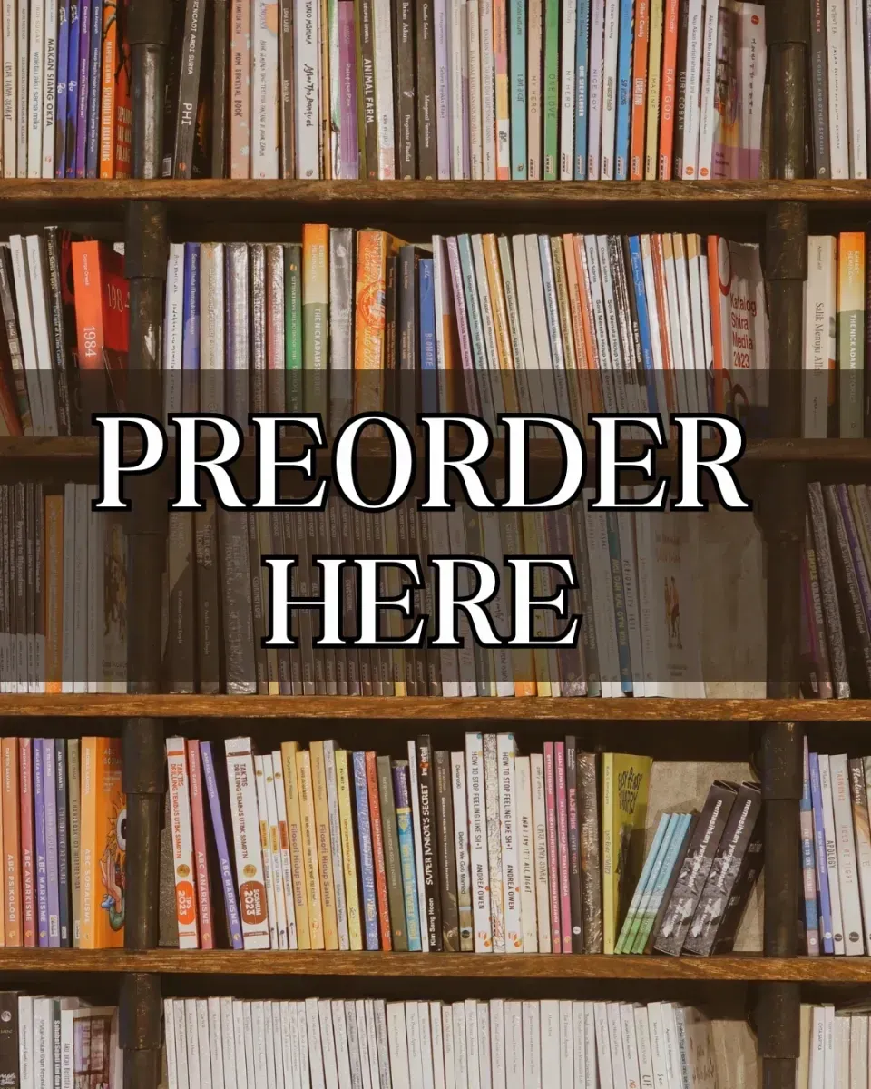 Bookshelves with the words “PREORDER HERE” overlaid in white text.