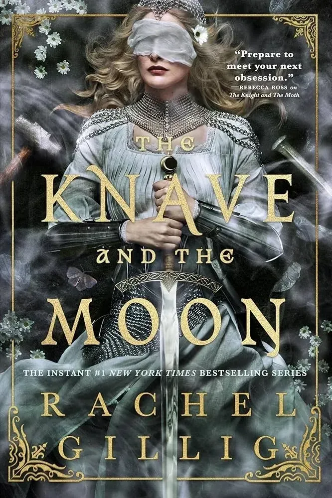 Book cover of The Knave and the Moon by Rachel Gillig, featuring a blindfolded woman amid dark foliage and gold accents