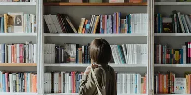 Person standing before tall bookshelves in a bright library