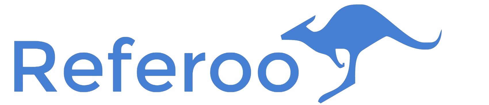 Referoo logo with blue text and a blue kangaroo icon.