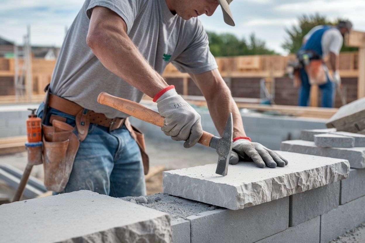 A person in a tool belt uses a hammer to position a stone block on a construction site while another worker works nearby.