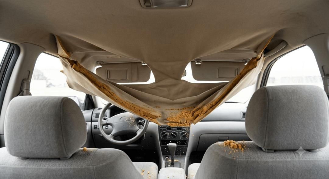 Inside a car, a loose beige fabric is draped across the front seats, covering part of the windshield area.
