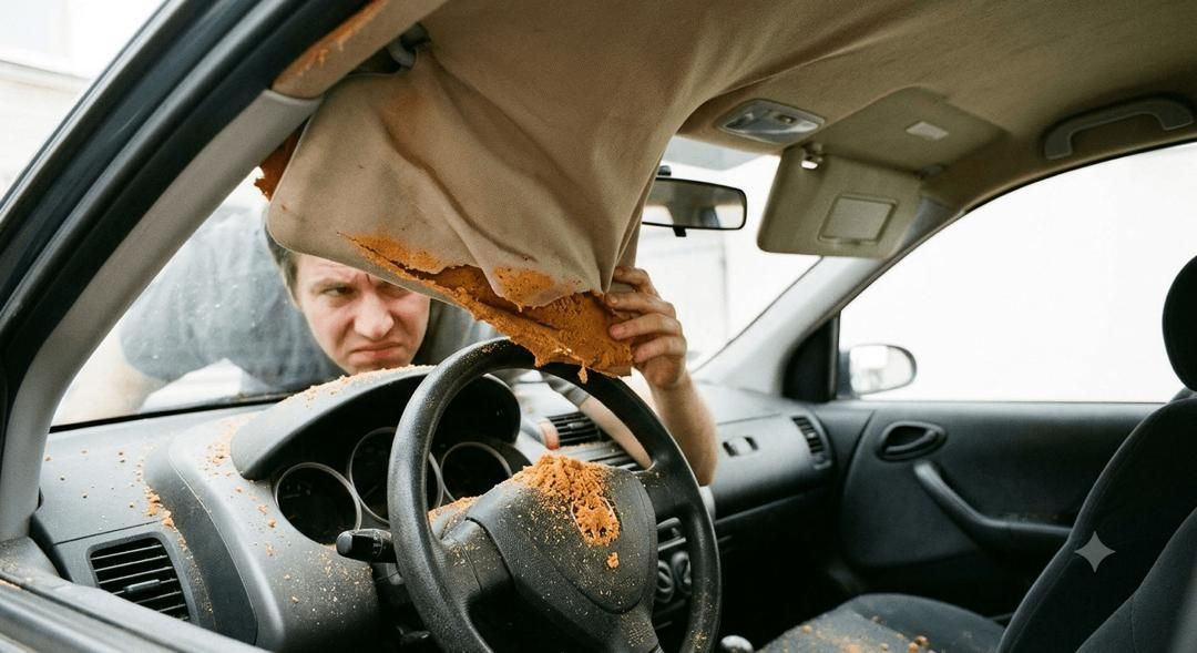Damaged car roof lining with deteriorating foam spilling onto the steering wheel