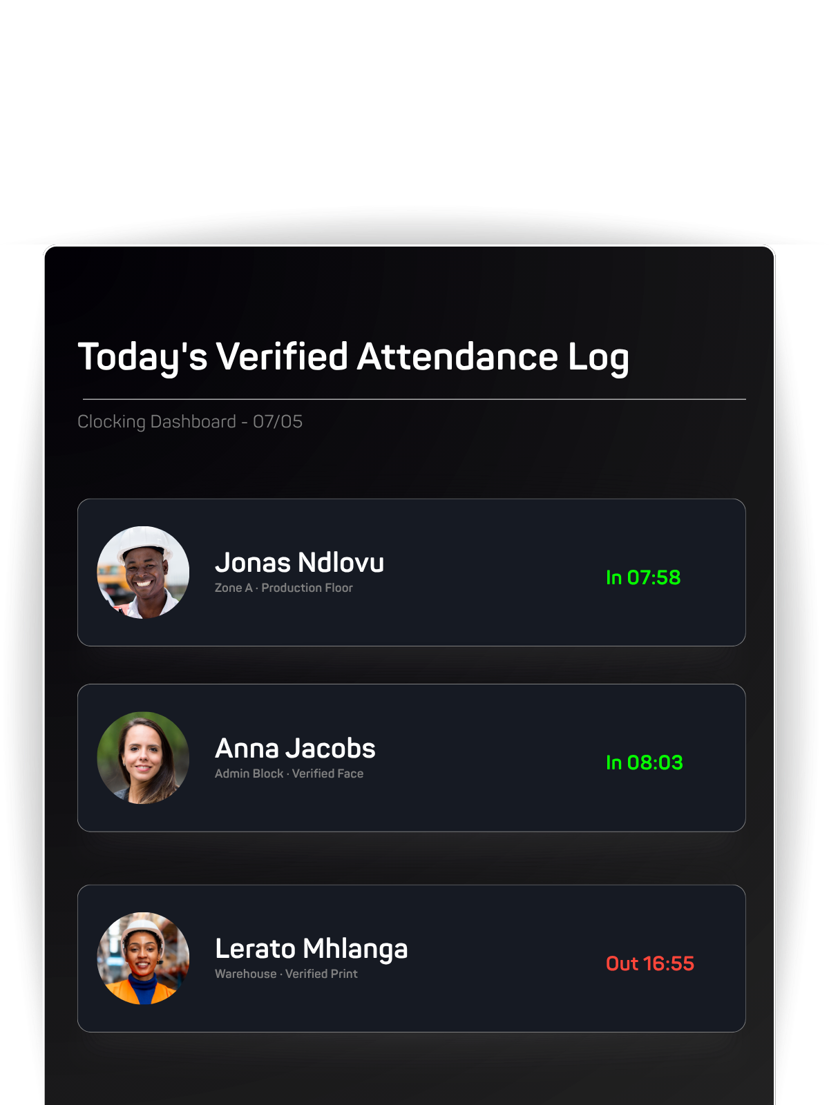 Dark attendance dashboard showing verified logs with user avatars, names, and green/red check-in times.