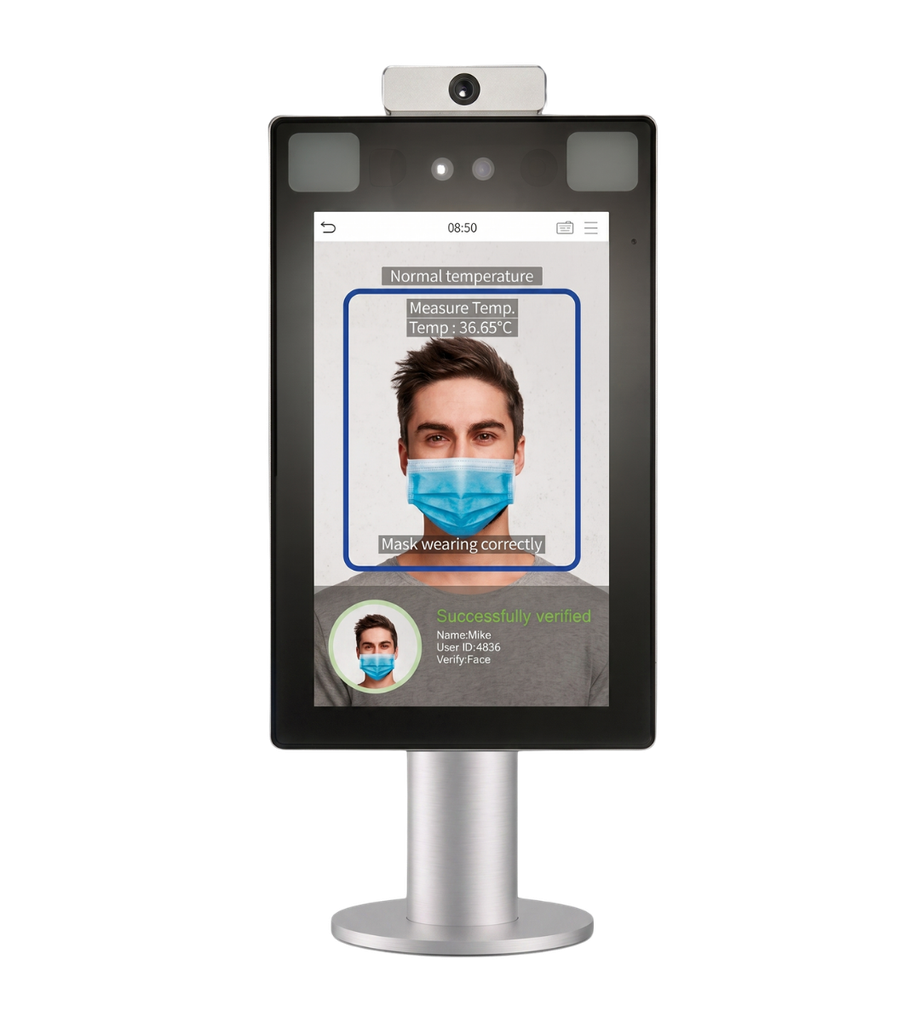 Facial recognition kiosk scanning a masked person’s face on a digital ID screen