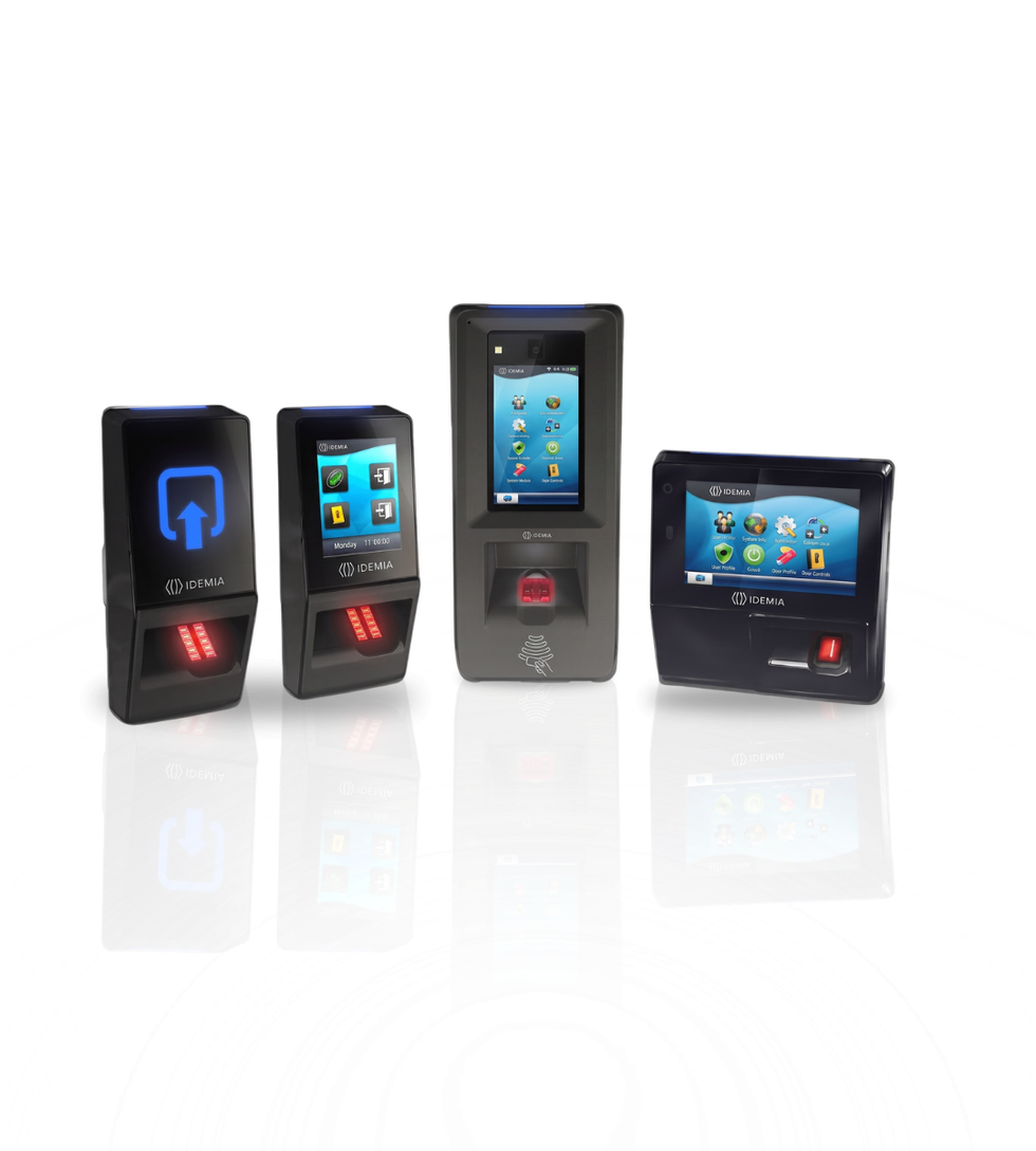 Four black handheld devices with colorful screens displayed on a white background