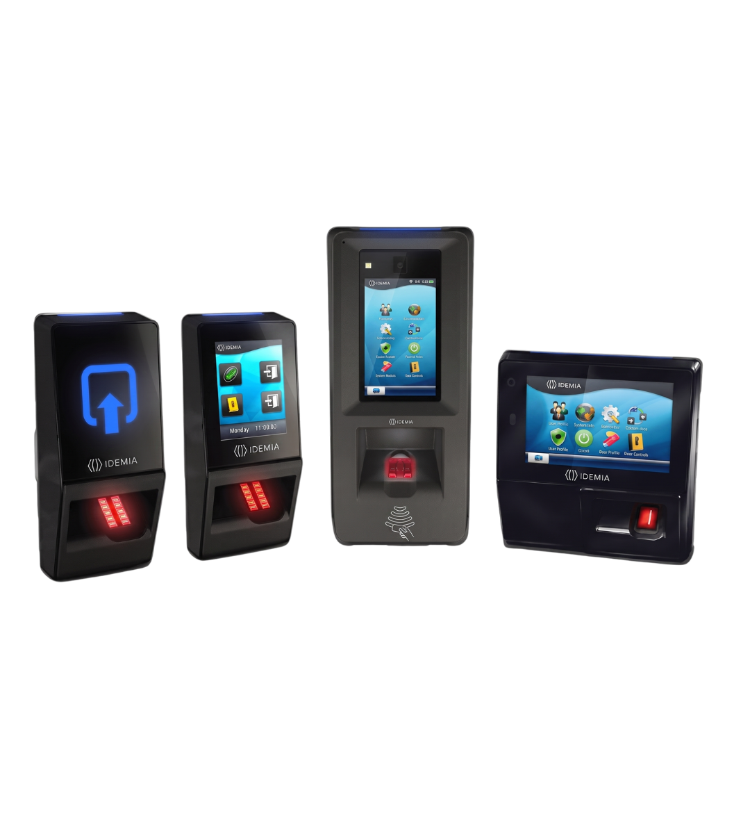 Four biometric time clocks with touchscreens, in black and silver, displayed on a white background