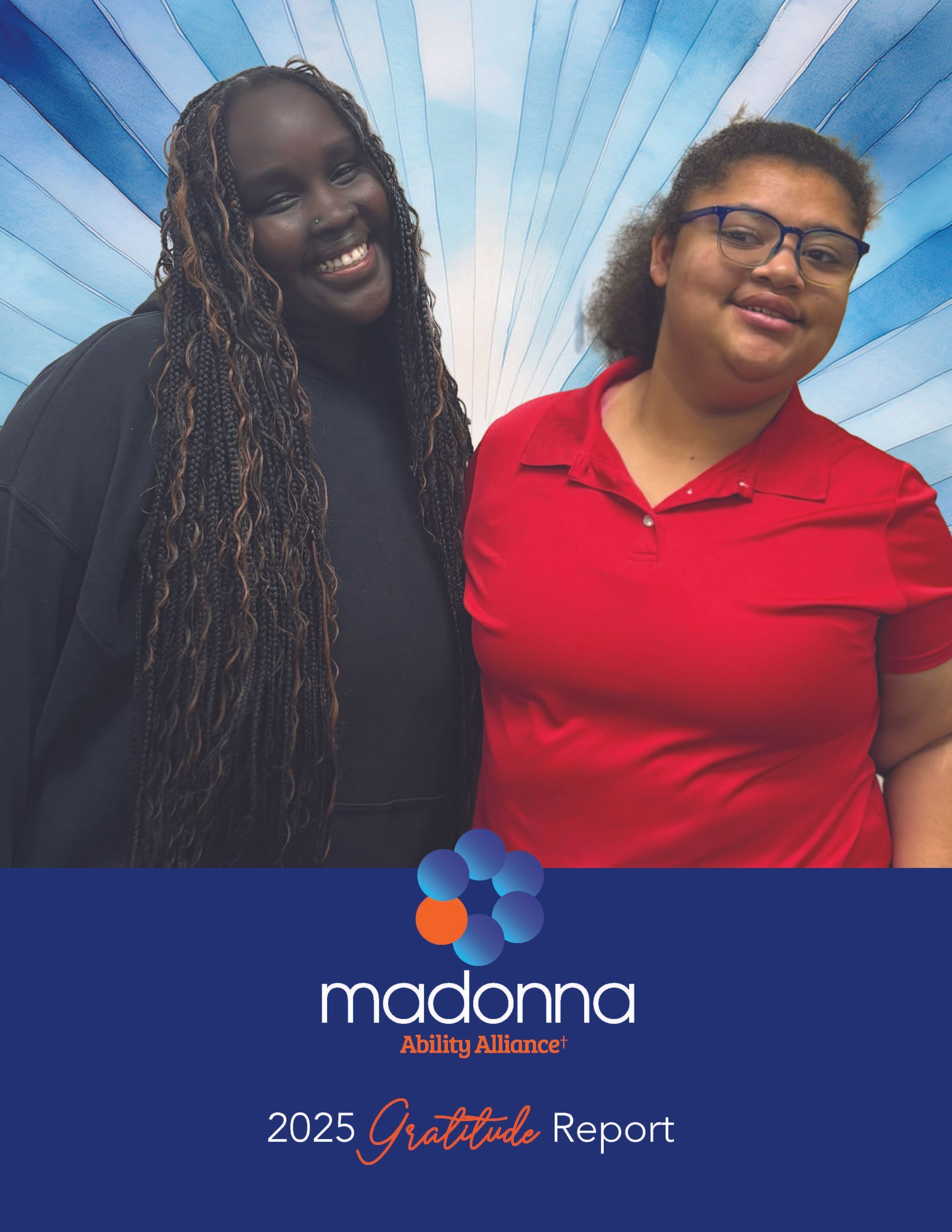 Two smiling people, blue/white background. Madonna Ability Affair logo and 