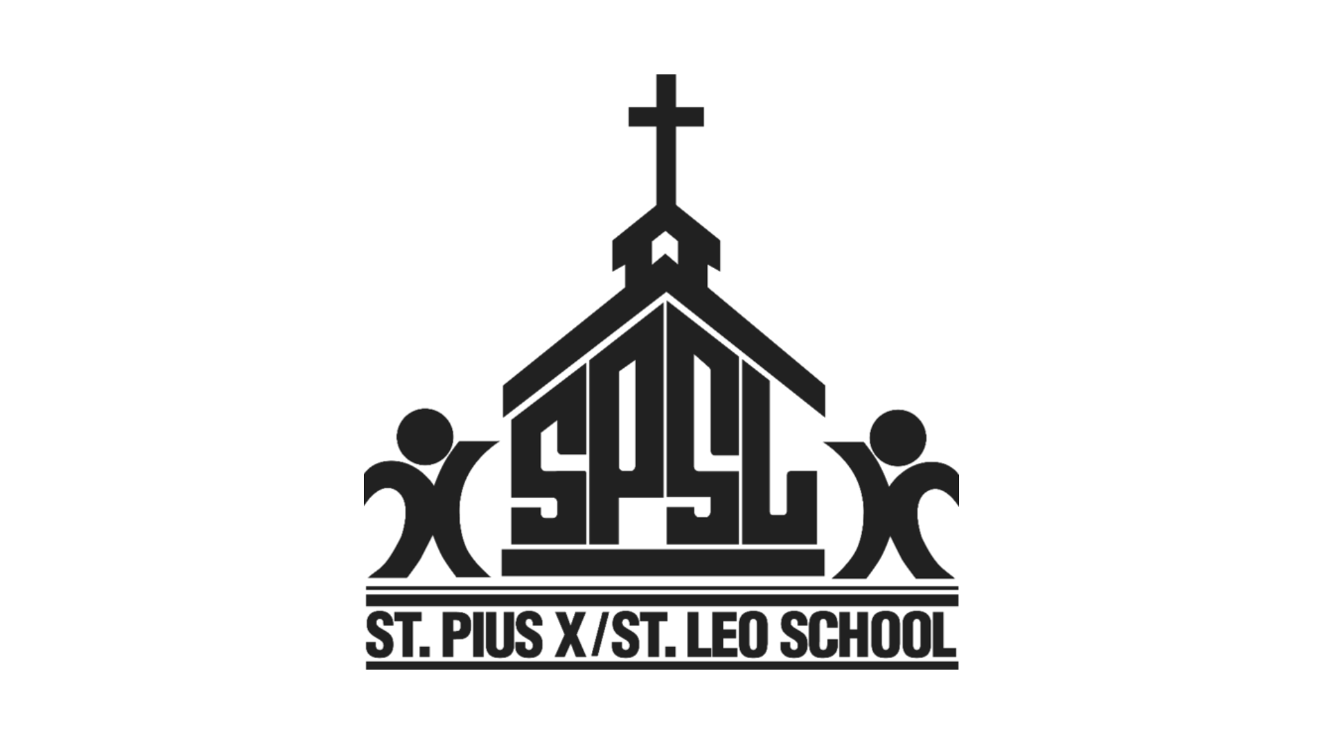 Logo for St. Pius X/St. Leo School with a church silhouette, cross, and students. Text reads
