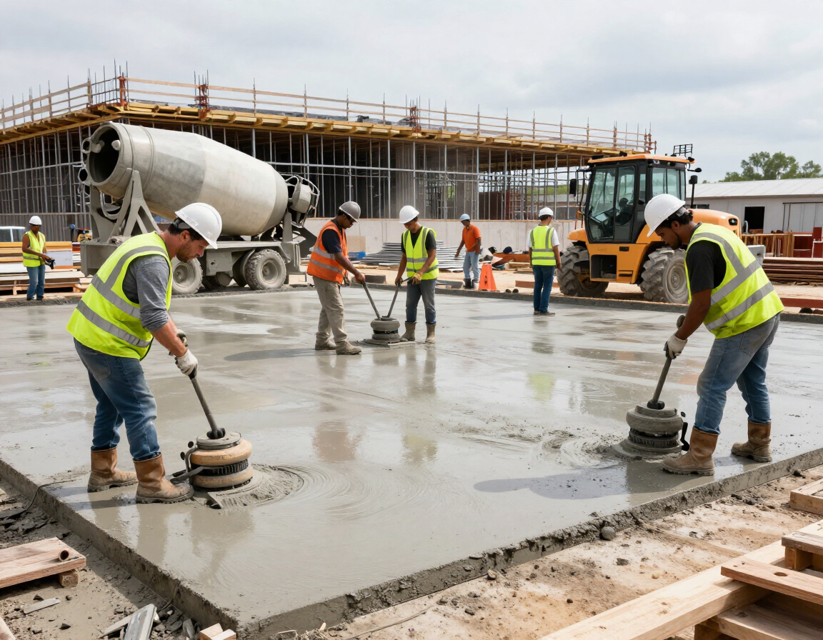 Construction workers smoothing wet concrete at a building site with a mixer truck in the background