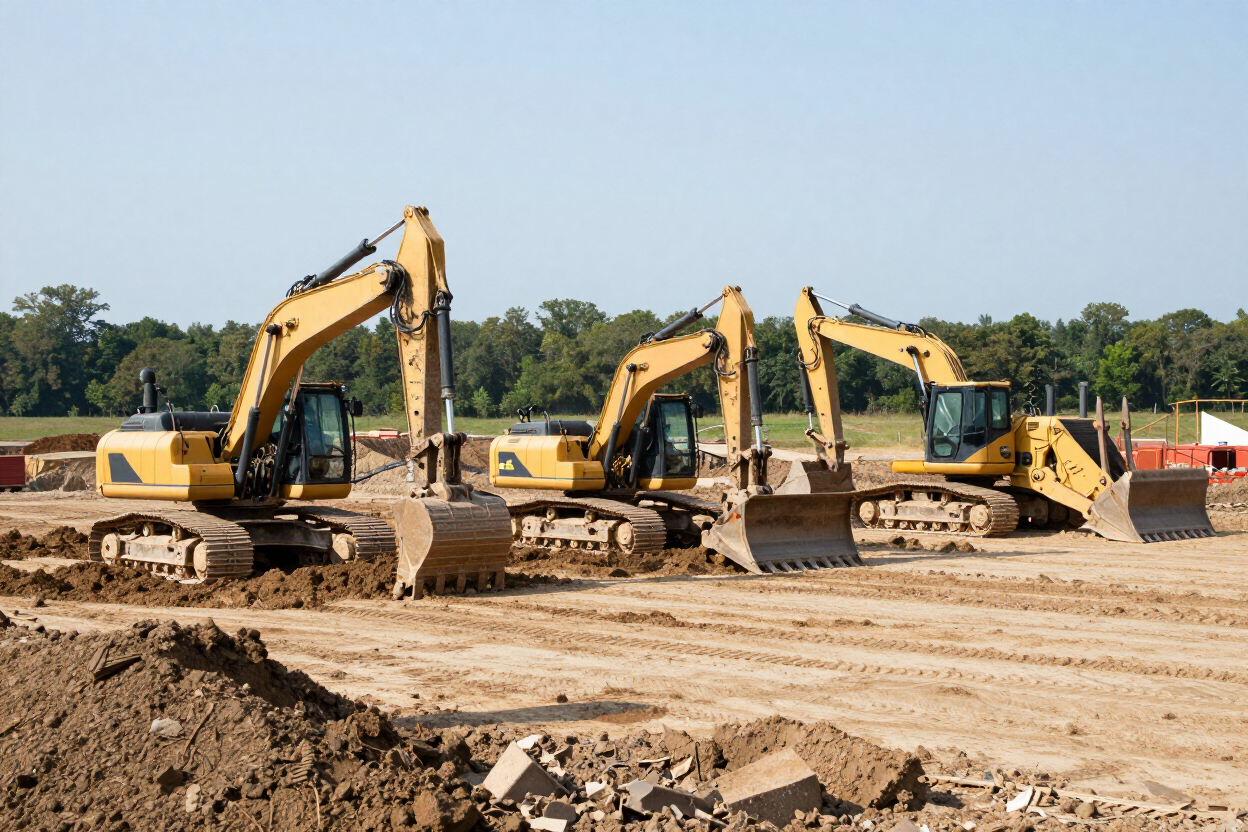 Three yellow excavators on a dirt construction site under a clear sky.
