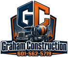 Graham Construction logo with blue and orange GC letters, cement truck, and phone number 601-562-5719