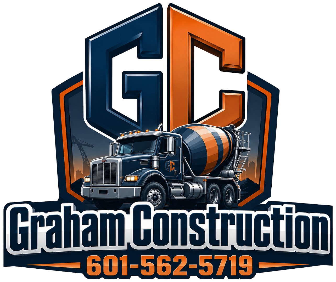 Graham Construction logo with blue and orange GC letters, cement truck, and phone number 601-562-5719