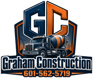Graham Construction logo with blue and orange GC letters, cement truck, and phone number 601-562-5719