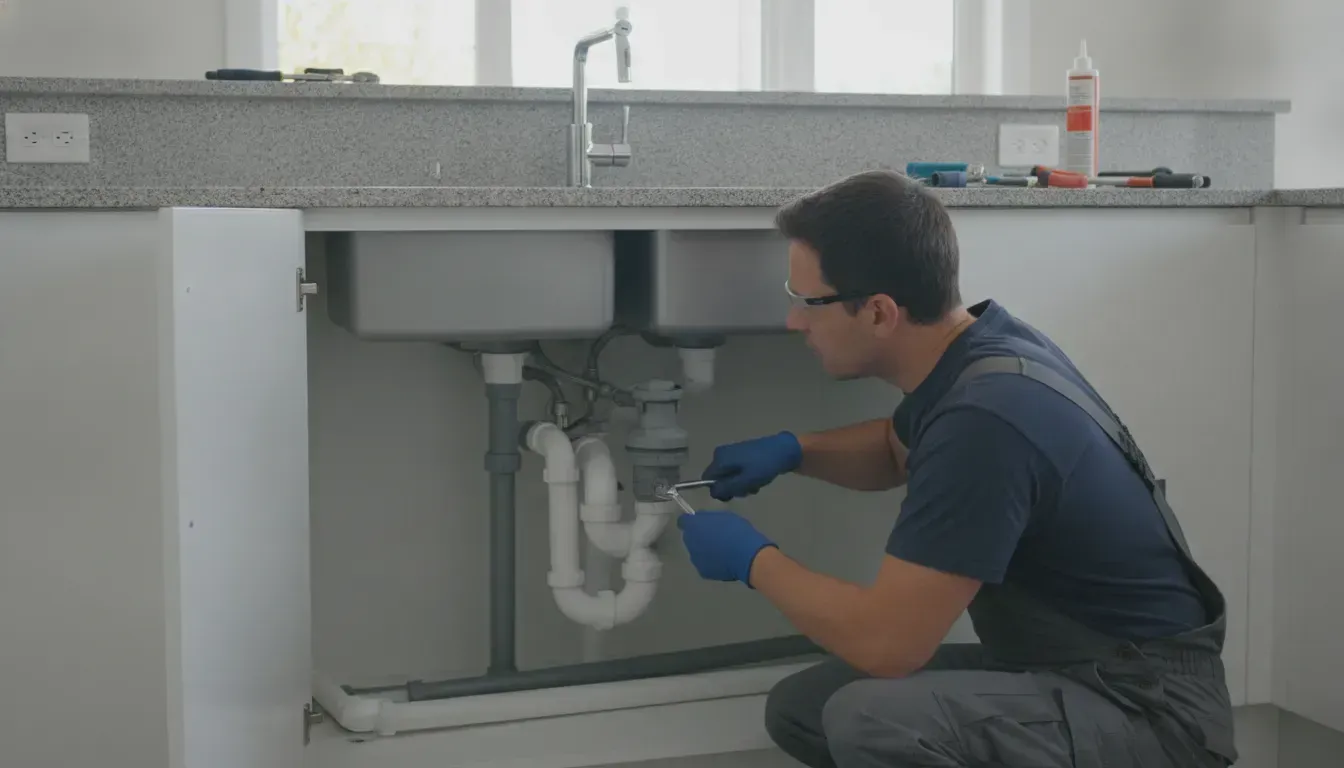 Plumber installing a dual-seal air admittance valve under a kitchen island sink with PVC drain pipe visible