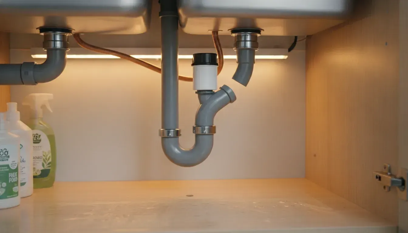 Air admittance valve installed under a kitchen sink on a vertical drain pipe