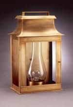 Golden-colored wall-mounted lantern with glass panels and a handle on top.