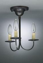 Bronze chandelier with three candle-shaped bulbs, mounted on a ceiling.