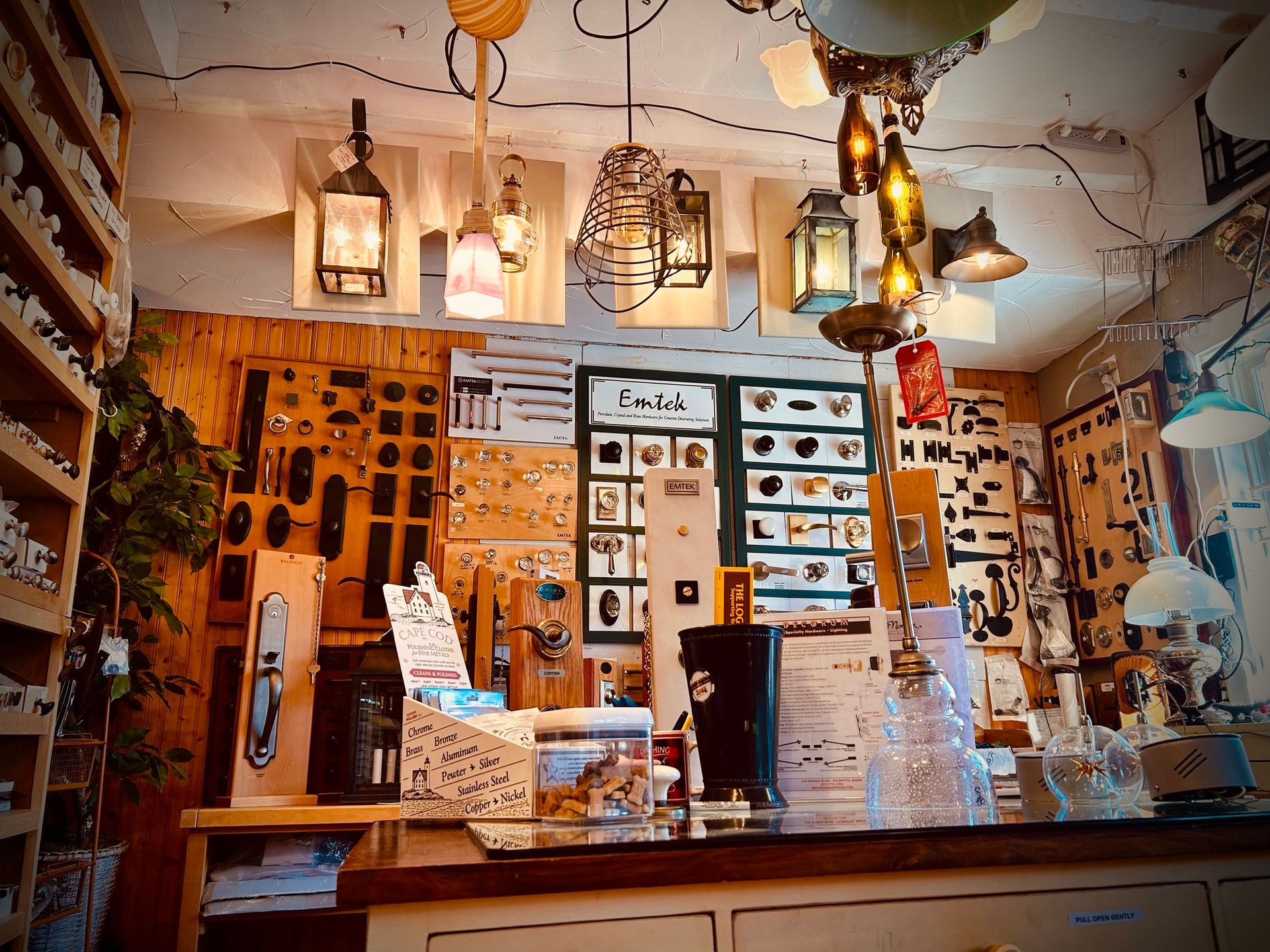Dog in blue coat looking at a display of antique hardware.