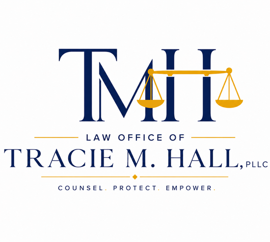 Law office logo for Tracie M. Hall, PLLC with navy initials and gold scales of justice