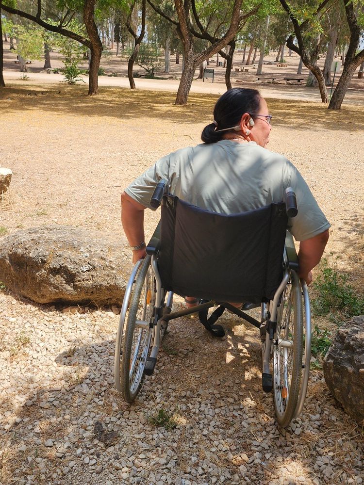 אדם בכיסא גלגלים בחוץ על שביל חצץ בין עצים, נראה מאחור.