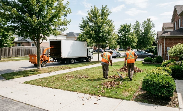 A1 Tree Service crew completely cleaning up the yard and hauling away branches after finishing a pruning job.