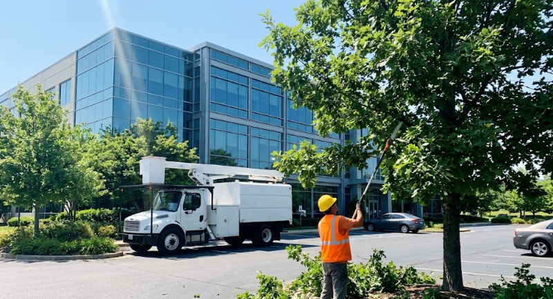 A1 Stump Removal bucket truck safely trimming trees outside a commercial office building in Spokane.