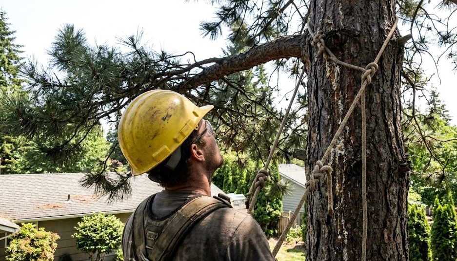 A professional arborist in safety gear climbing a tall pine tree in Spokane WA to inspect branches.