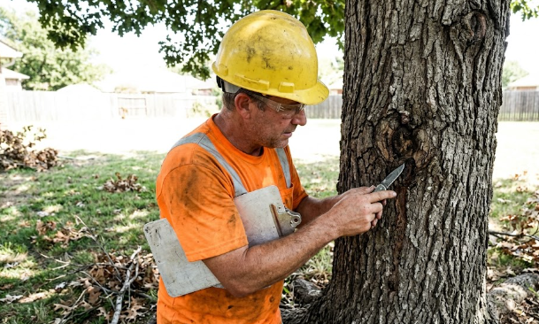 Professional Spokane arborist inspecting a large tree for diseases in a sunny backyard.