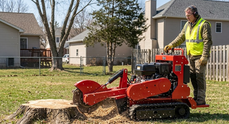 A powerful stump grinding machine clearing an old tree stump from a green backyard lawn.