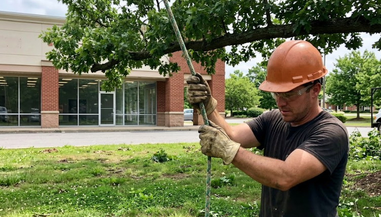 Professional commercial tree removal team safely lowering a heavy branch with ropes.