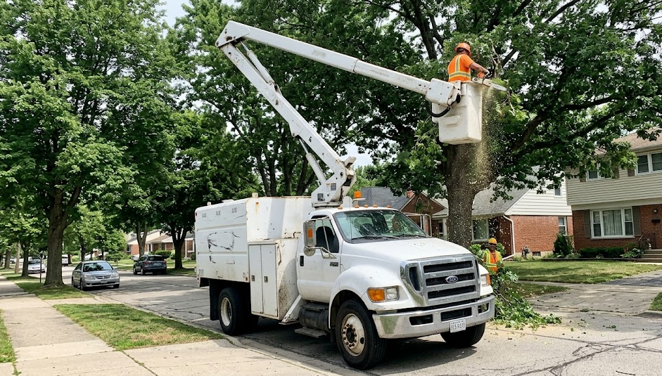 A1 Tree Service bucket truck extending into an oak tree to perform professional tree trimming services.