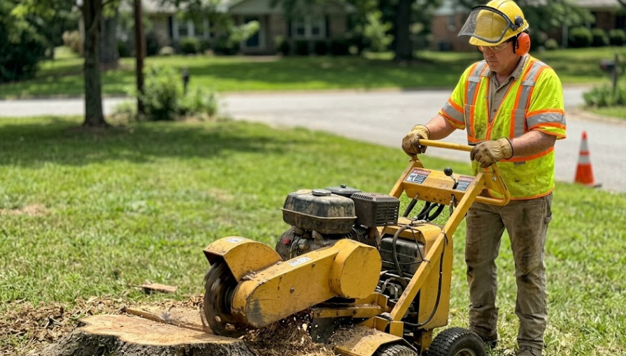 A professional stump grinding machine removing a tree stump in a green Spokane lawn.