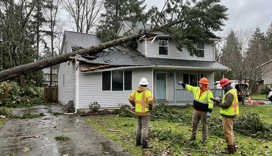 Professional tree service crew inspecting a large fallen evergreen tree on a house roof after a storm in Spokane WA.