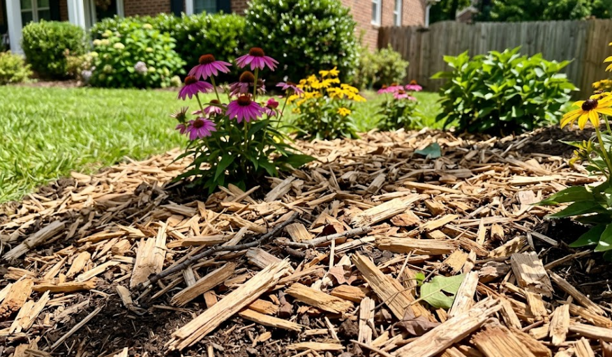 Fresh wood chips from a ground tree stump used as garden mulch.